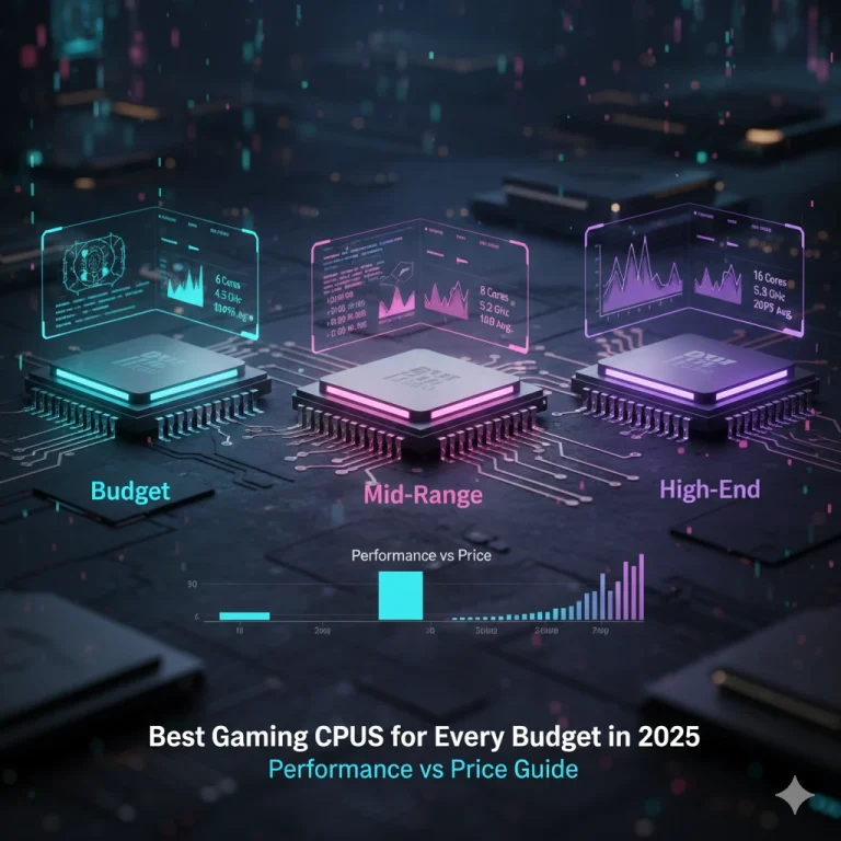 Three gaming CPUs labeled Budget, Mid-Range, and High-End with holographic overlays showing cores, clock speed, and FPS.