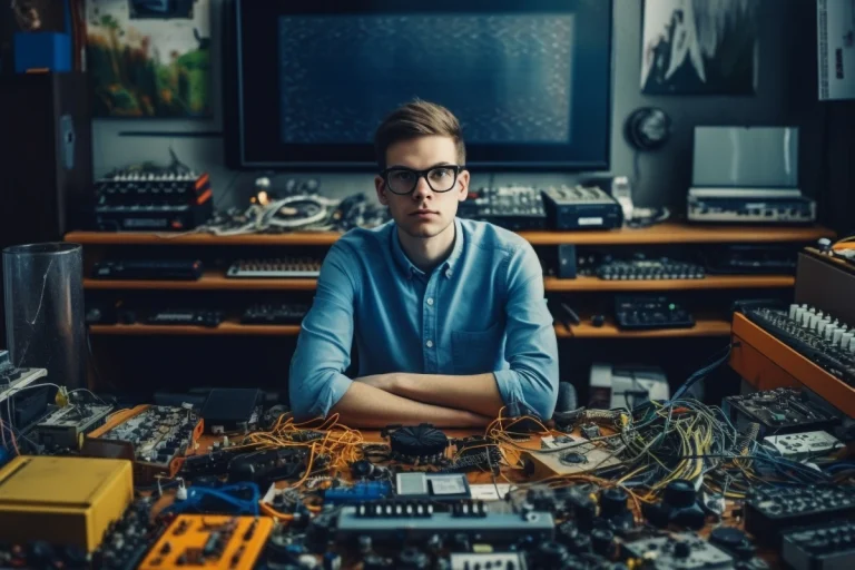 Technician performing gaming PC maintenance at an electronics workstation with circuit boards and audio equipment