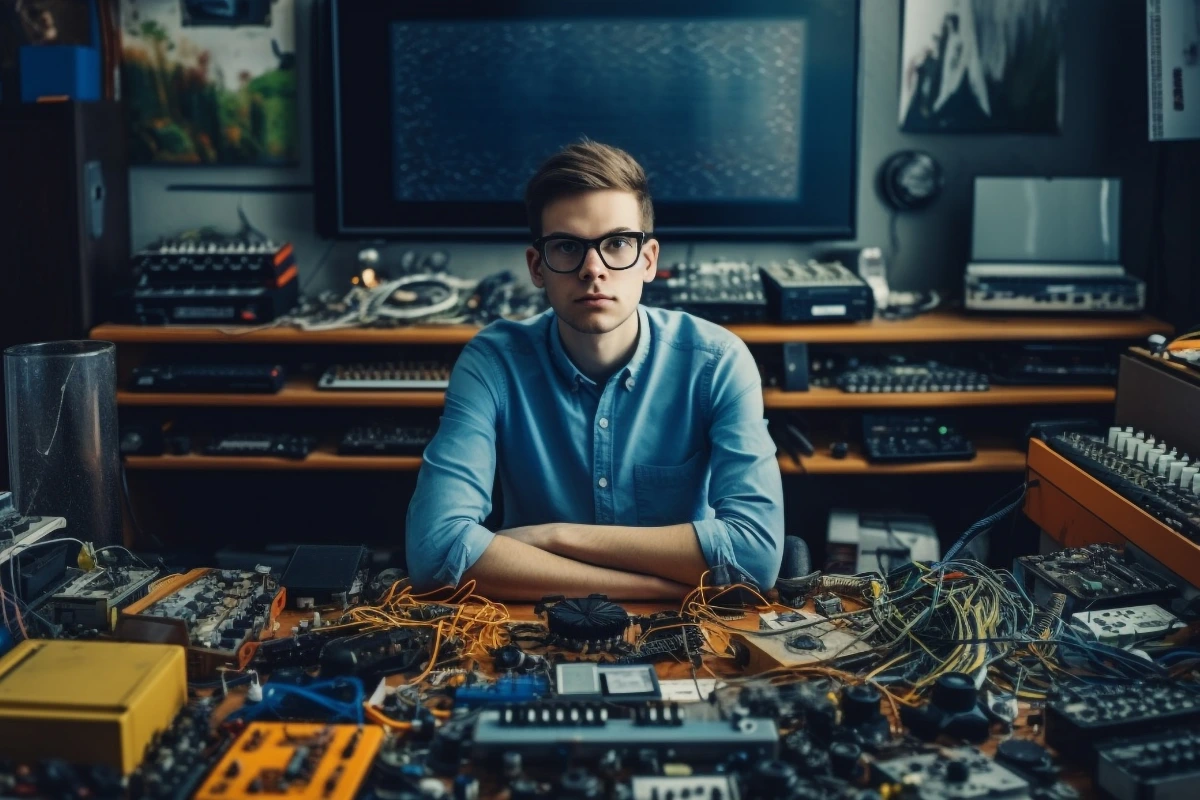 Technician performing gaming PC maintenance at an electronics workstation with circuit boards and audio equipment