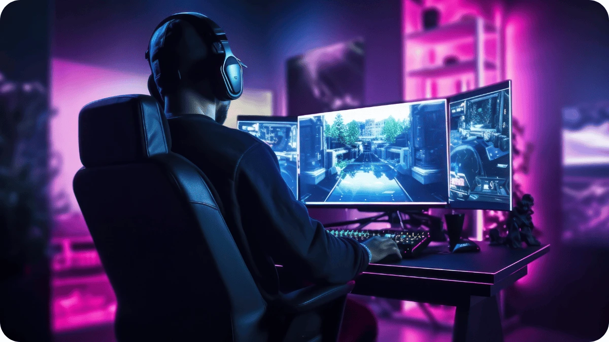 Gamer immersed in a multi-monitor setup with vibrant purple lighting