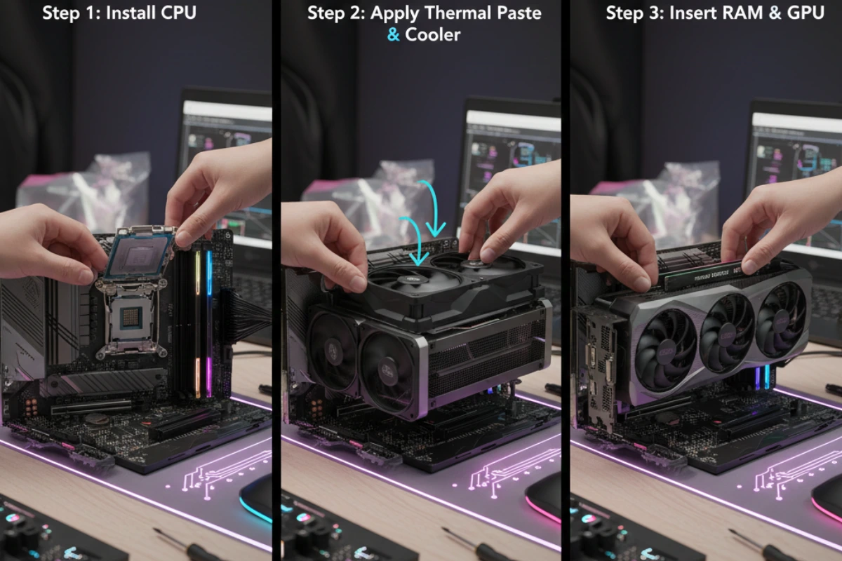 Step-by-step guide showing how to build a gaming PC: CPU, cooler, RAM and GPU installation on a motherboard