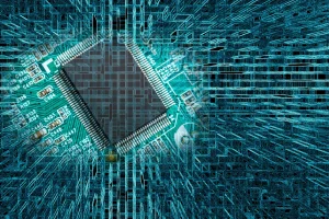 Microchip on circuit board with digital grid overlay