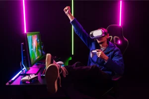 Gamer using essential gaming accessories, including a VR headset and RGB lighting, in an immersive setup