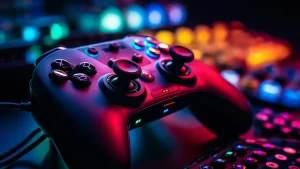 LED-lit gaming controller with colorful reflections in a cyber-themed setup Purpose: Clear and concise for accessibility and search engines.