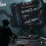 A tactical character stands in a ruined, overgrown city facing a corrupted mechanical-organic structure with a broken screen showing error code fragments.
