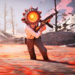 Humanoid figure with glowing spiked head standing in molten lava, holding a rifle, in a post-apocalyptic landscape with destroyed buildings and barren trees. Text "Once Human" visible.