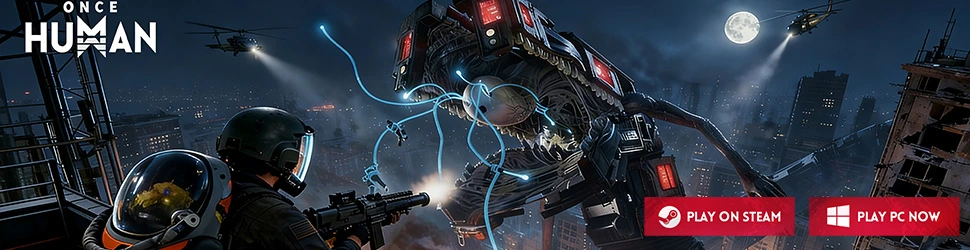 Armored survivor aiming weapon at massive hybrid creature with glowing blue tendrils in futuristic city at night. Helicopters hover under full moon. Promotional banner shows "Once Human" with Steam and PC play buttons.