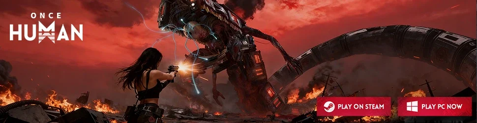 Player aiming weapon at massive mechanical serpent-like creature in a burning post-apocalyptic battlefield with red sky. Promotional banner shows "Once Human" with Steam and PC play buttons.